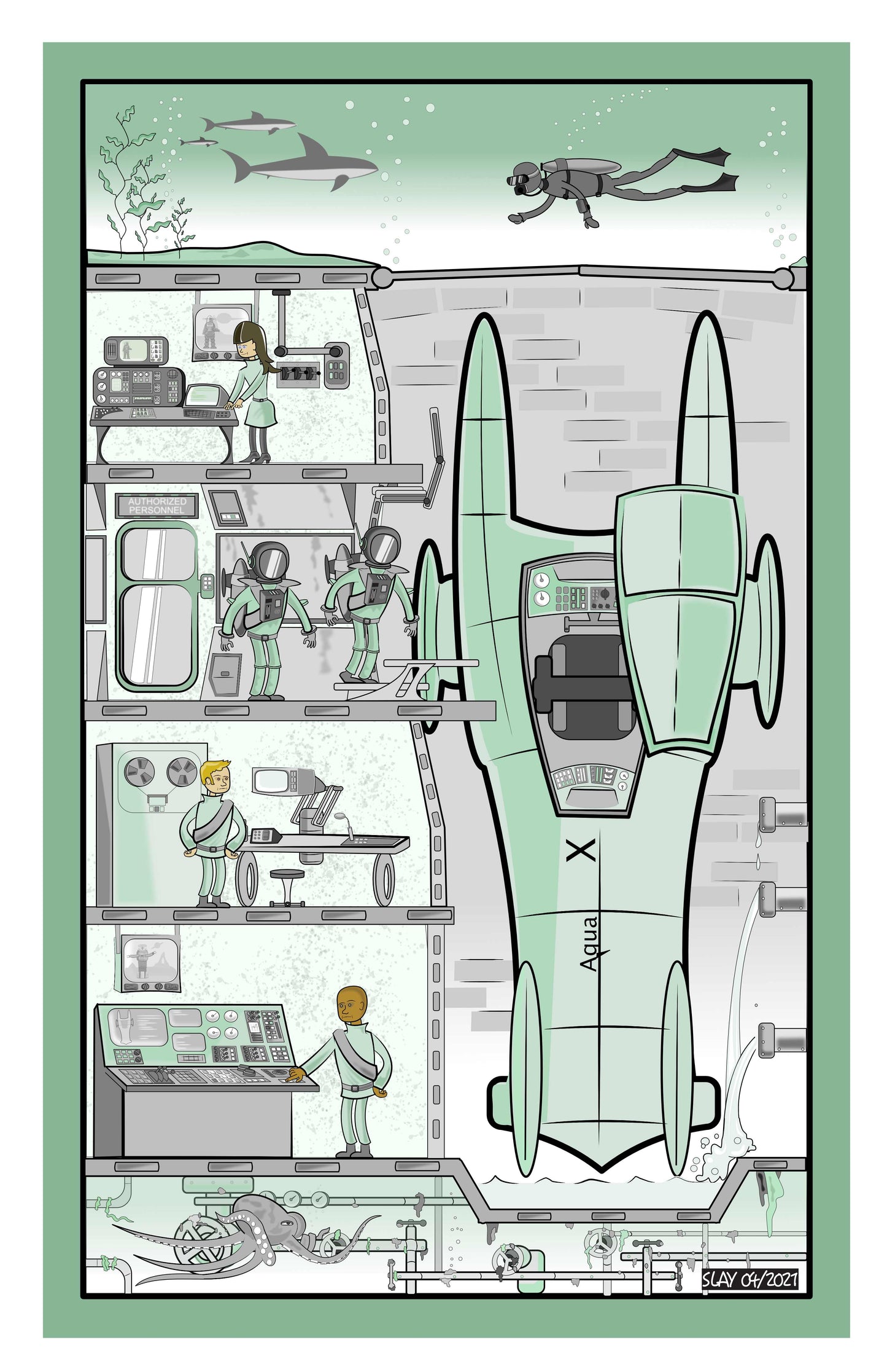 Aqua Collection illustration featuring futuristic submarines and divers exploring the ocean.