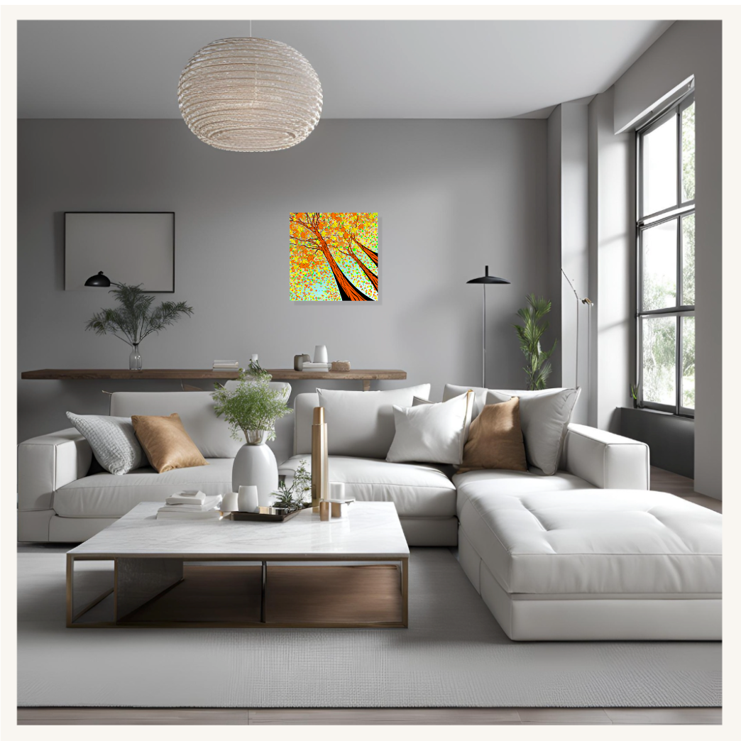 Modern living room with a sectional sofa, coffee table, and wall art.