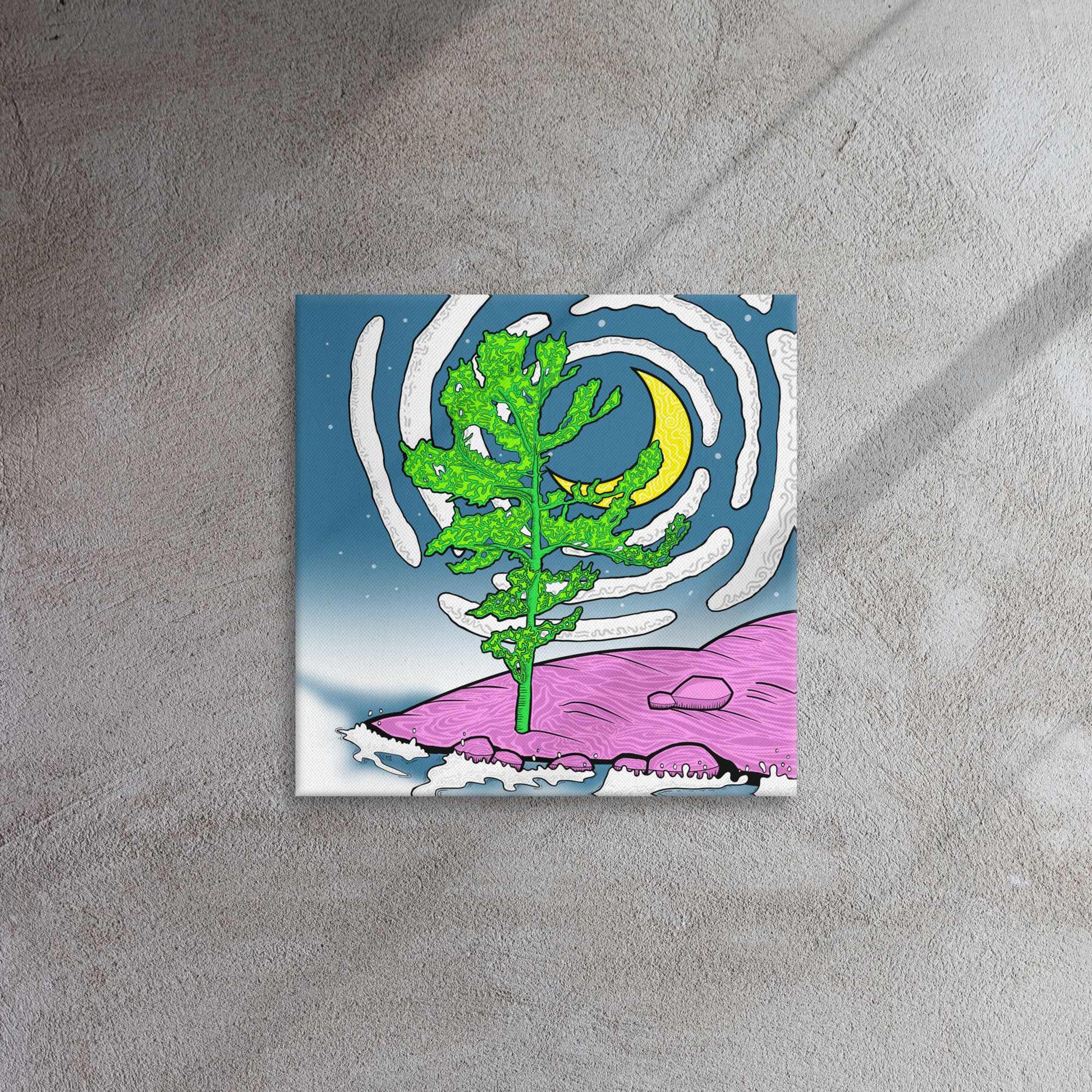 Canvas print with a stylized landscape featuring a tree, moon, and clouds on a textured wall.