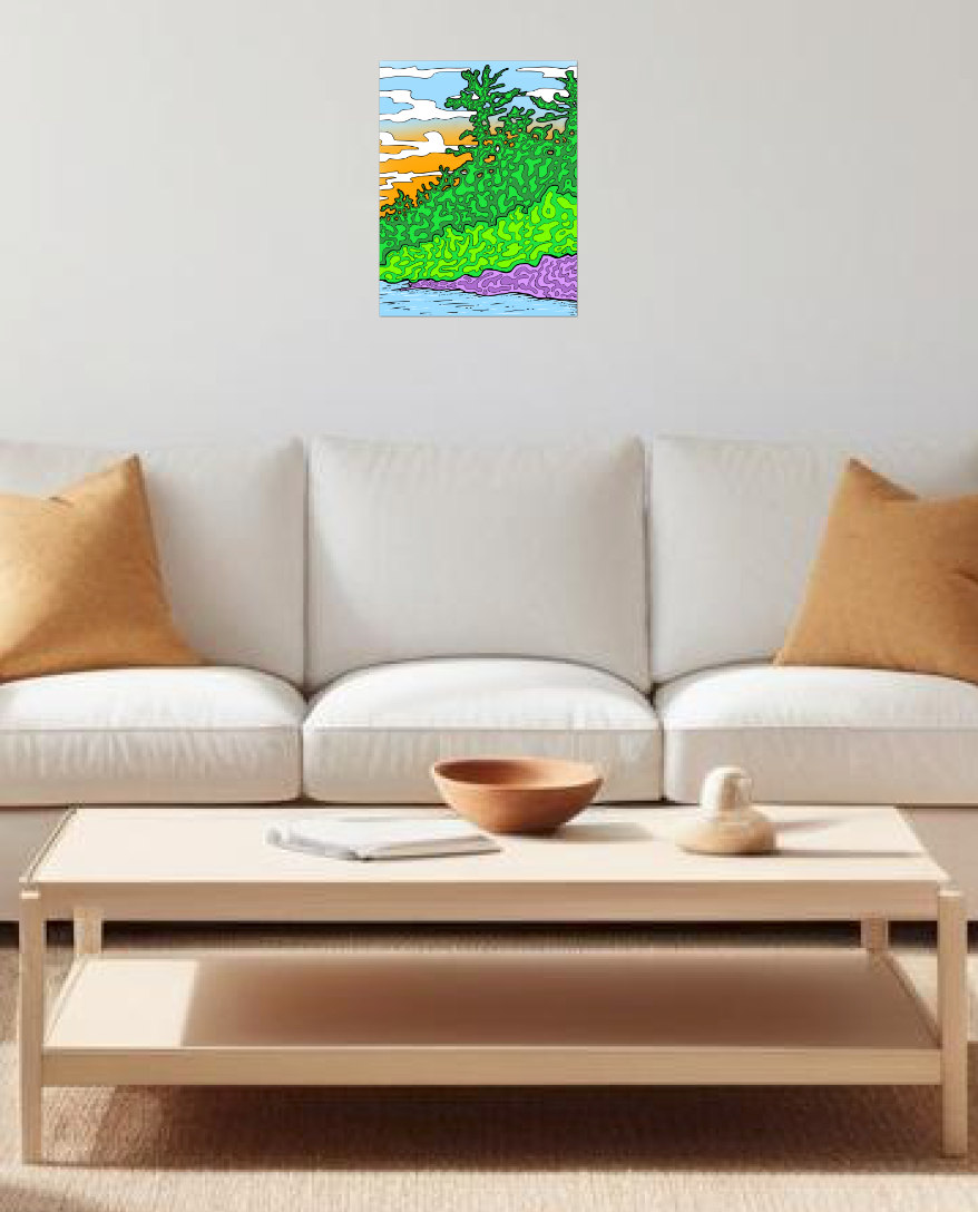 Living room with a couch, coffee table, with bright & vivid abstract landscape painting on the wall.