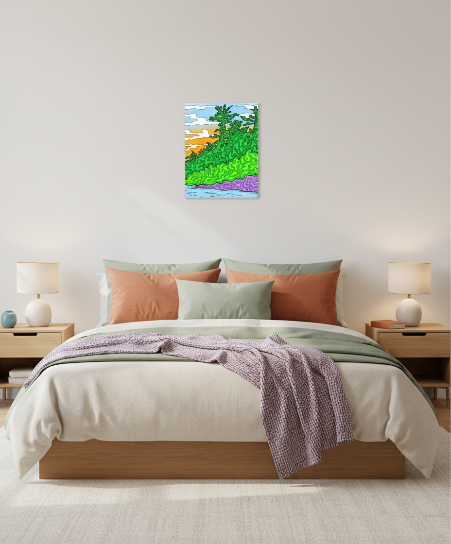 Bedroom with vivid nature abstract art with bright green, blue and orange accents.