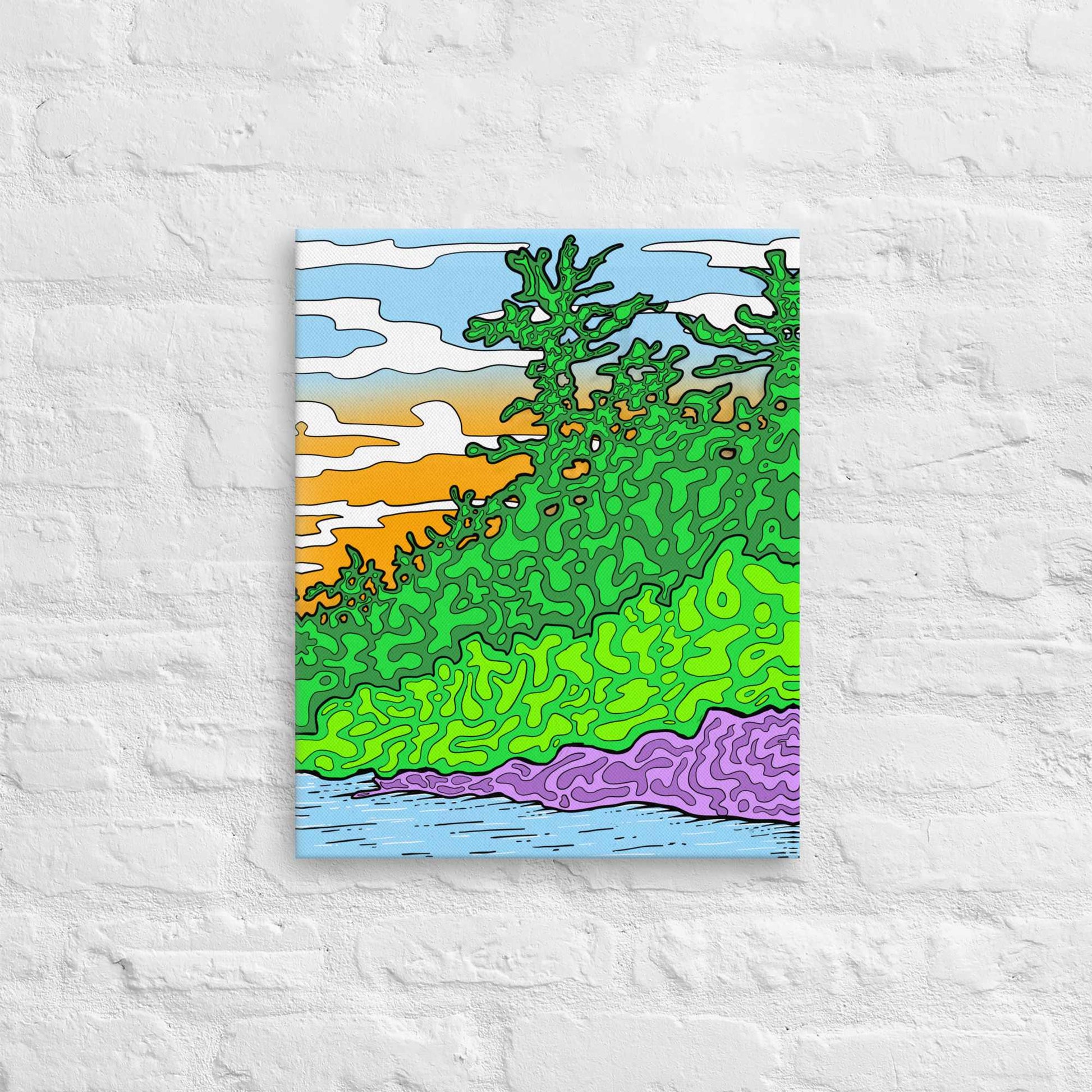 Colourful abstract landscape with green trees and a purple ground adjacent to lake on a textured white wall.