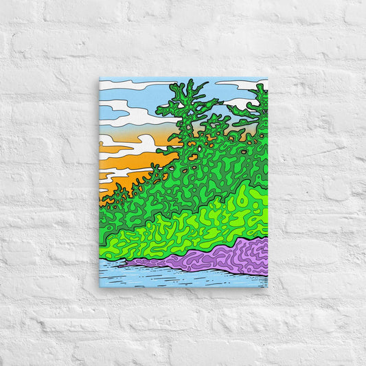 Colourful abstract landscape with green trees and a purple ground adjacent to lake on a textured white wall.