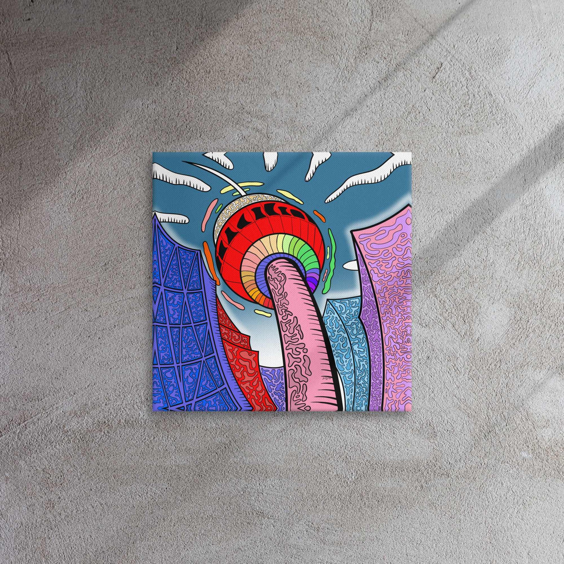 Colourful rainbow like abstract artwork of Calgary Tower on a textured gray surface