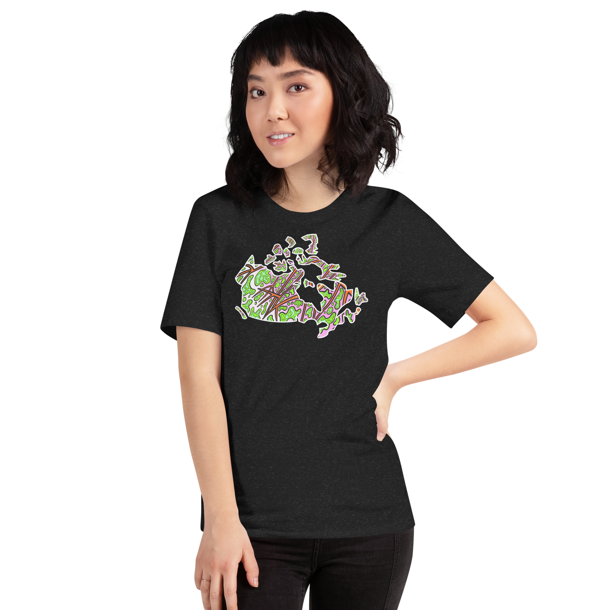 Model wearing Trippy bright Canada map design printed on unisex t-shirt black