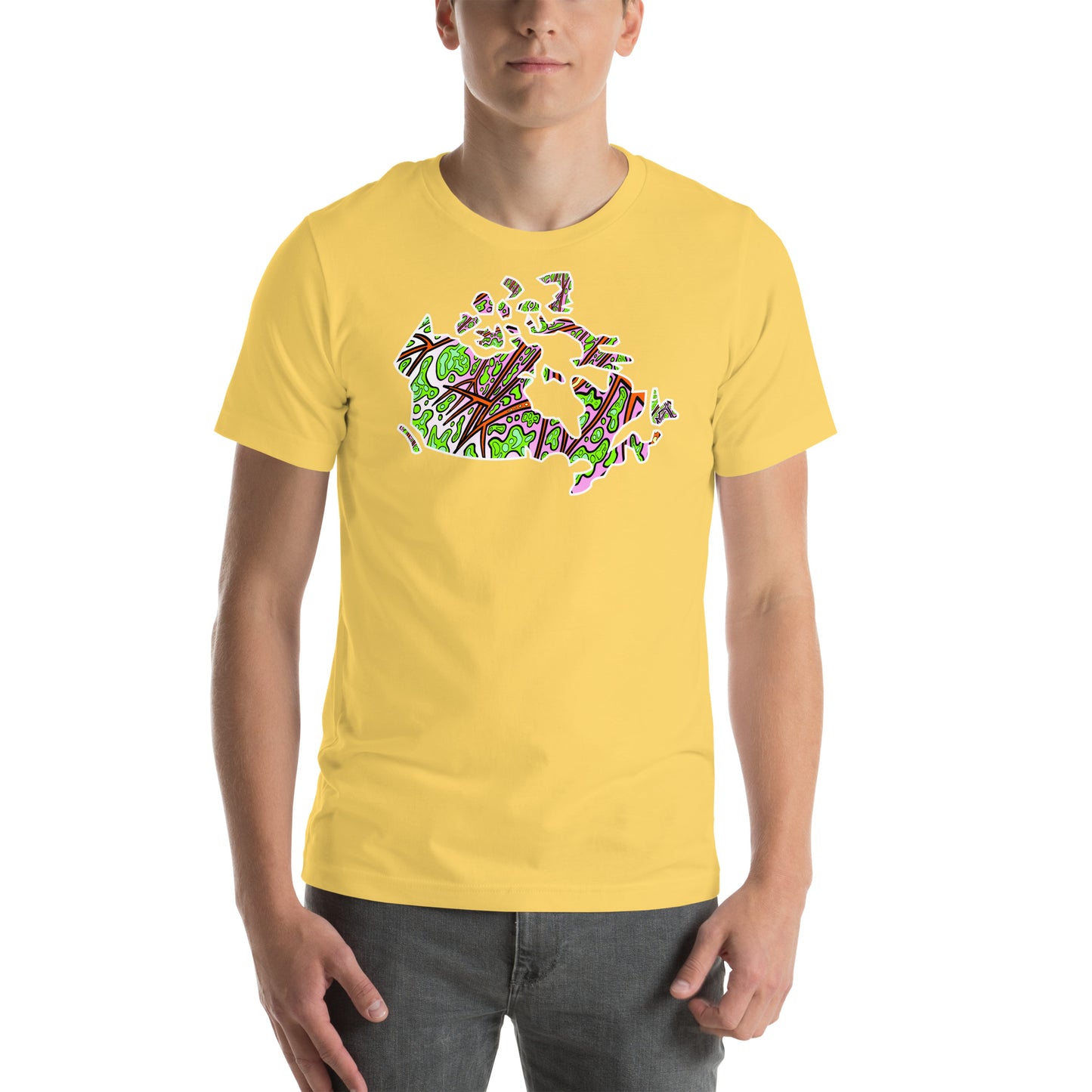 Model wearing Trippy Canada map design printed on unisex t-shirt yellow