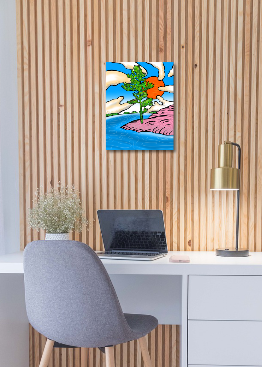 Colourful Canadian abstract painting on a wooden wall above a desk.