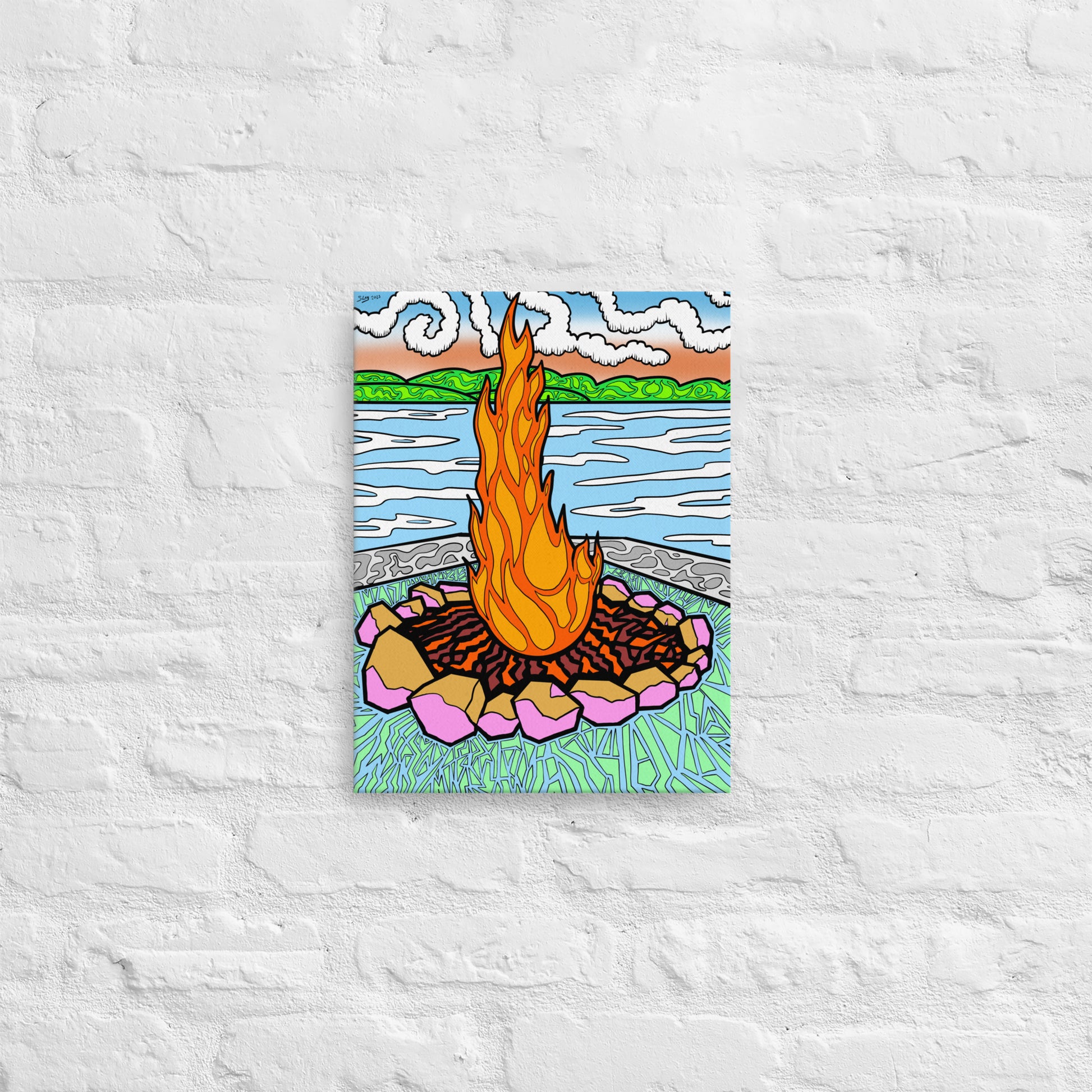 Vibrant & trippy camp fire canvas print on the shore line of Lake Superior