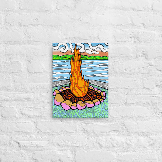 Vibrant & trippy camp fire canvas print on the shore line of Lake Superior