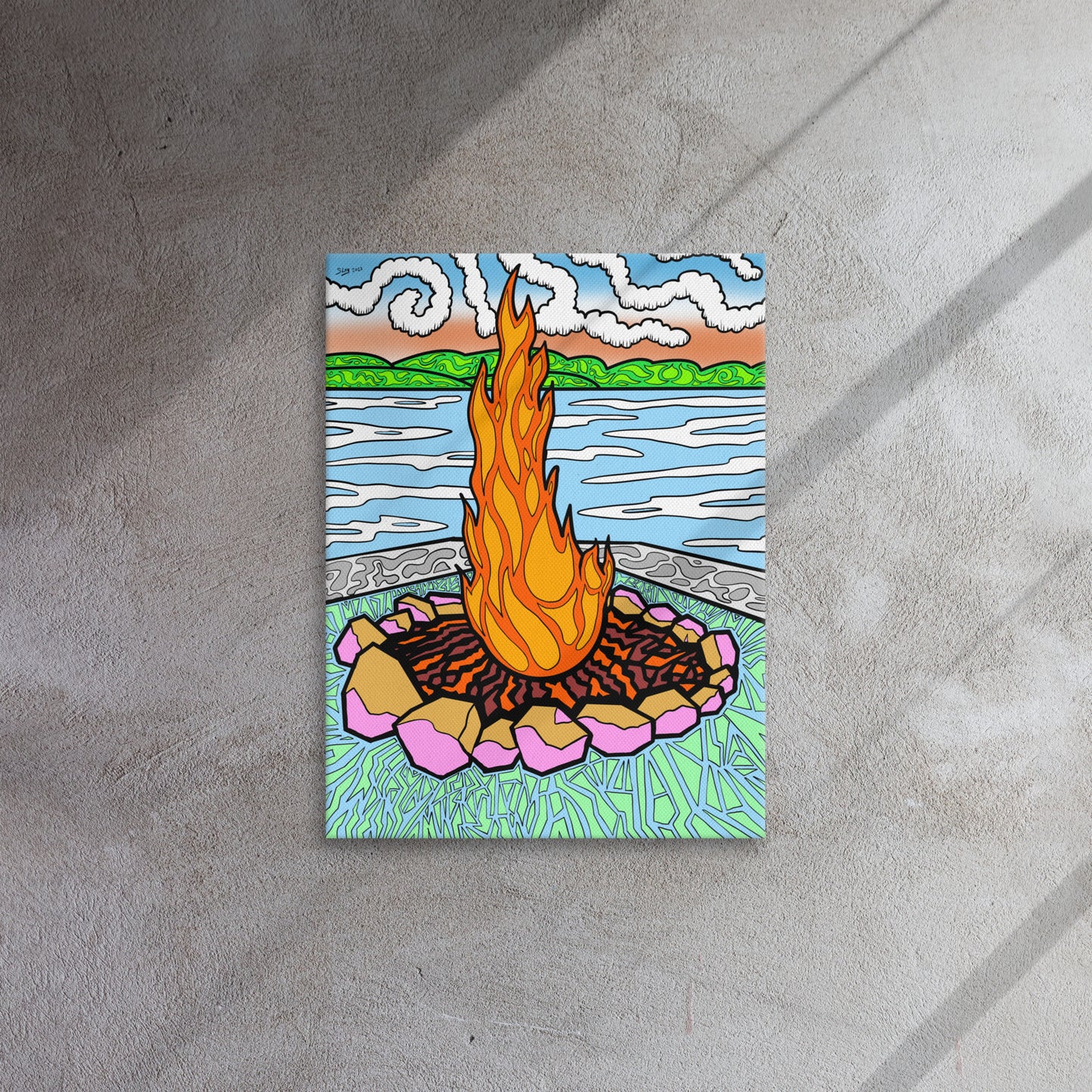 18x24 Bright canvas print captures vibrant Lake Superior campfire vibes for cottages & modern homes