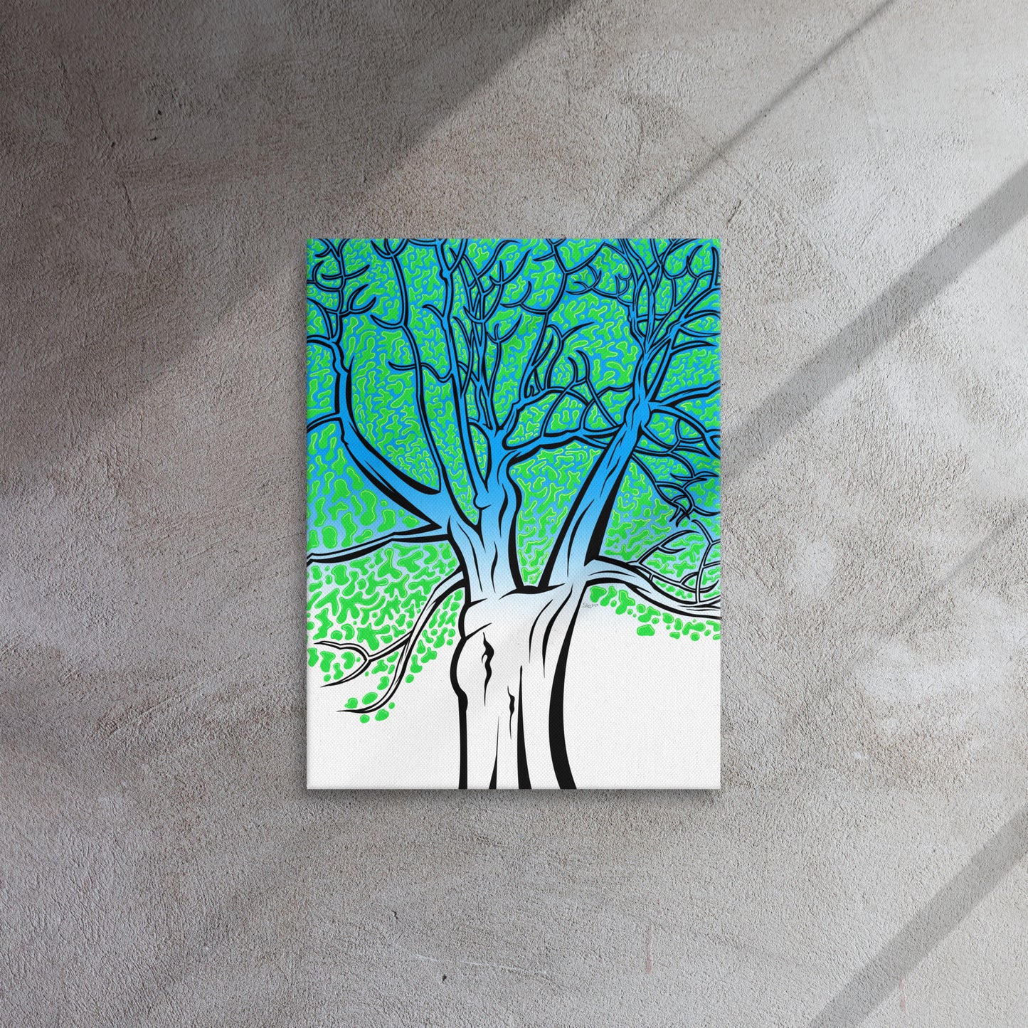 Bright stylistic illustration on textured wall.