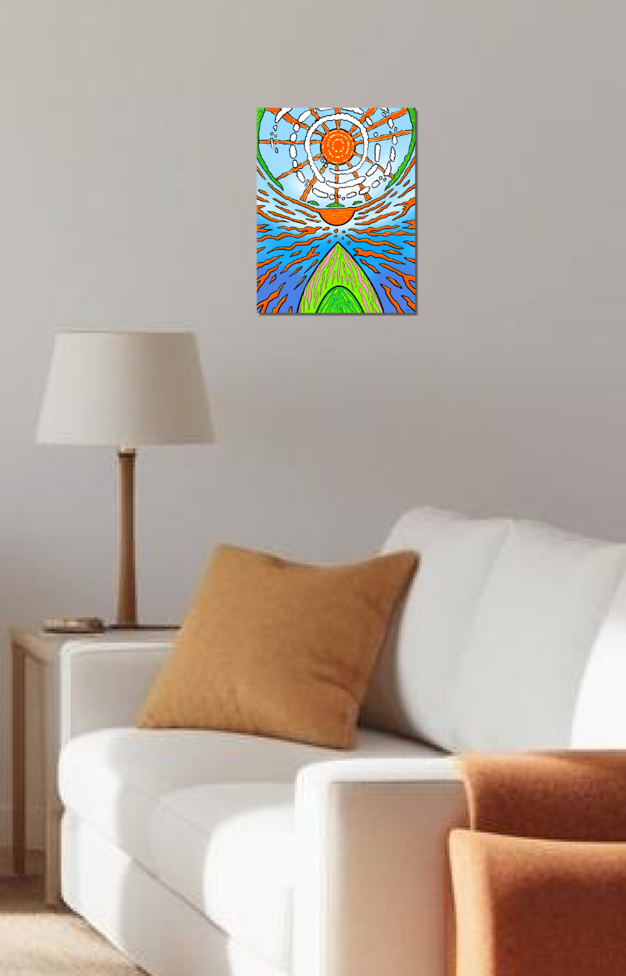 Colorful abstract painting on a wall above a white sofa with brown cushions.