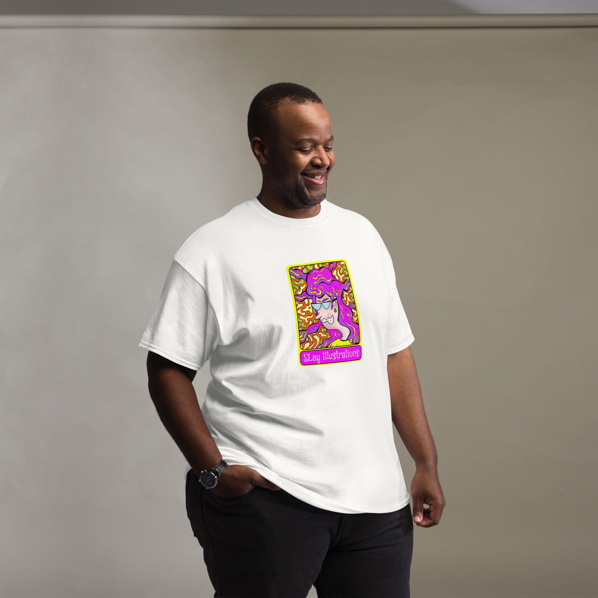 Plus size man wearing Groovy cotton tee with 1960s psychedelic vibes, bold colours & punk flair streetwear style