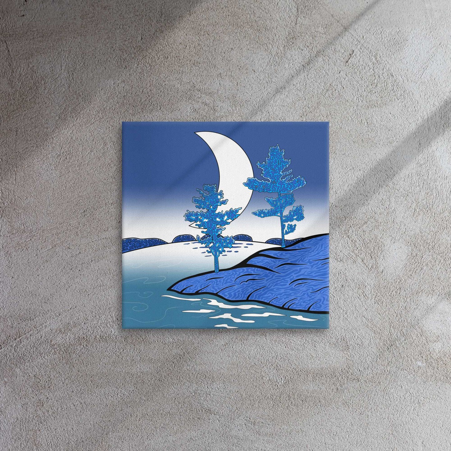 Surreal lake Superior landscape with trees, moon, and water on a textured wall.