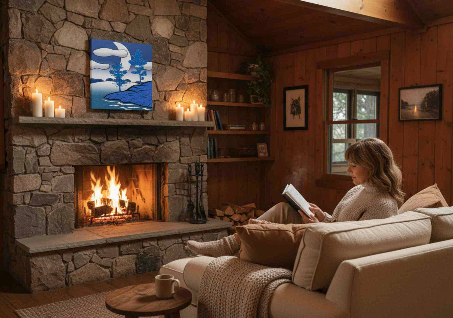 Moon Night 02 canvas - silver moonlit Lake Superior from Batchawana Bay. Psychedelic night sky gift for cottage & stargazer decor