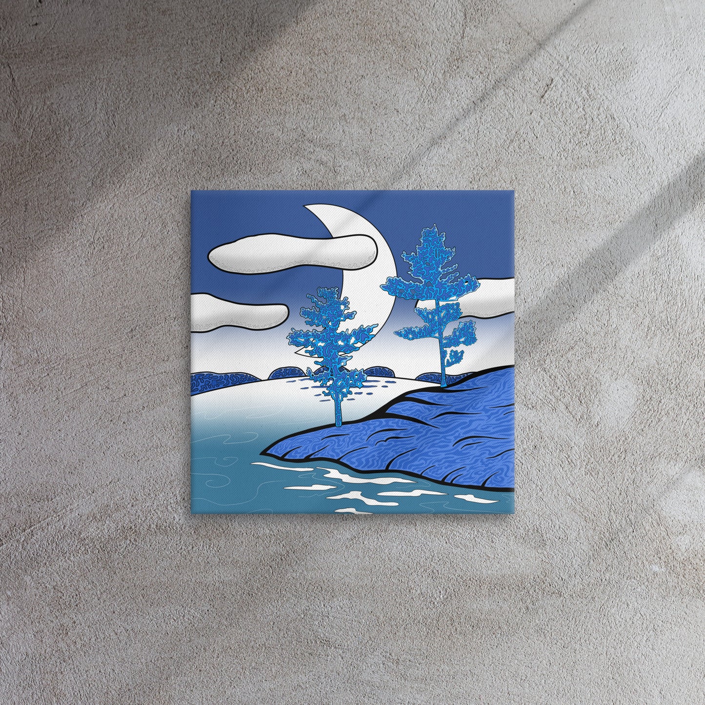 Moody nighttime blue hued Lake Superior stylistic print with peaceful contemporary decor for aesthetic wall art