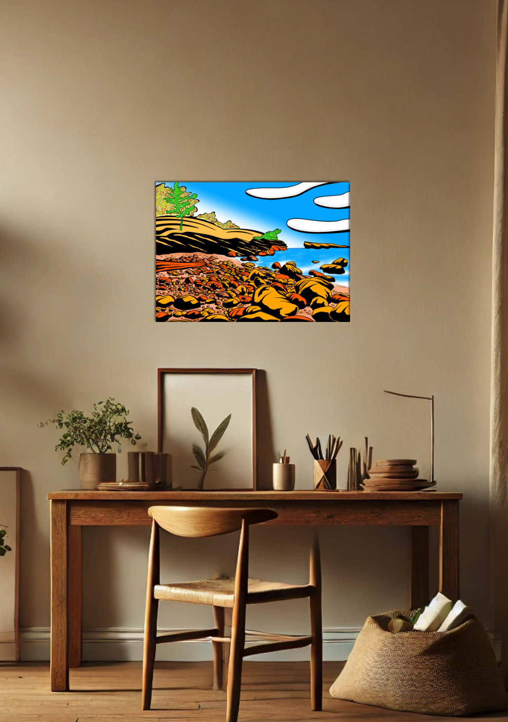 Artwork of a Lake Superior landscape hanging above a wooden desk in a home office.