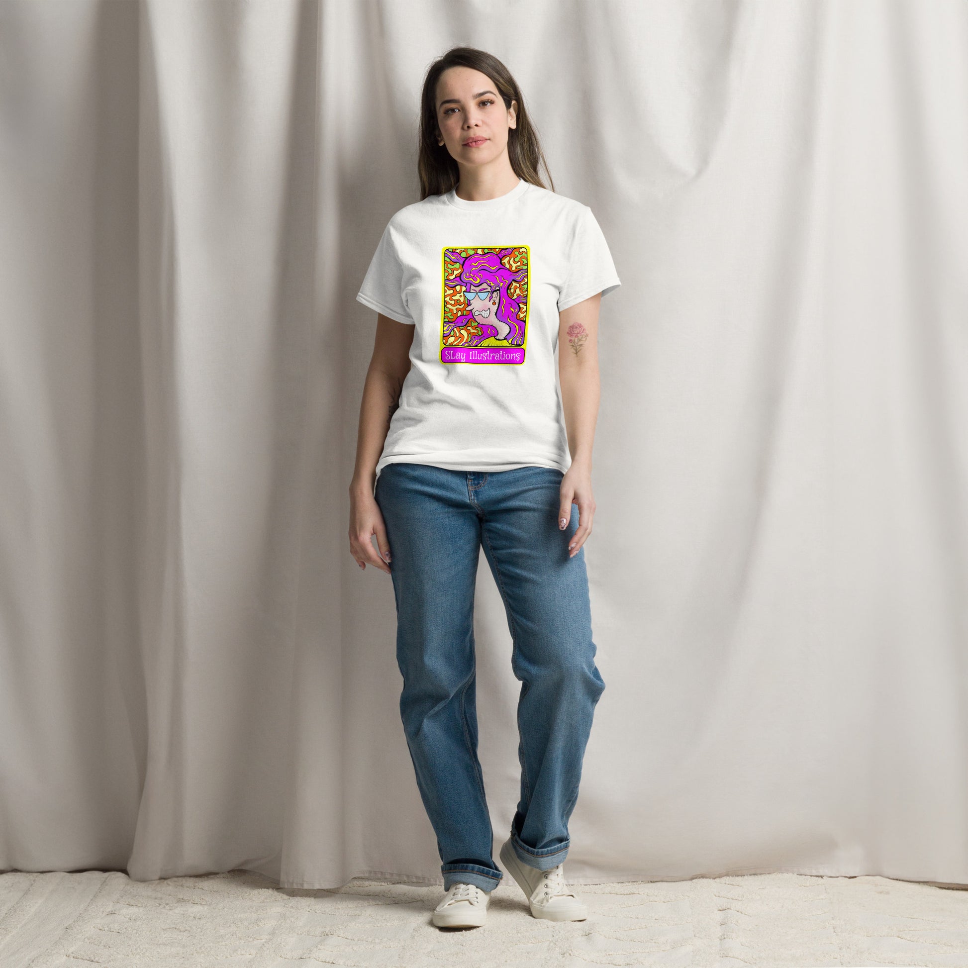 Woman wearing Groovy cotton tee with 1960s psychedelic vibes, bold colours & punk flair streetwear style