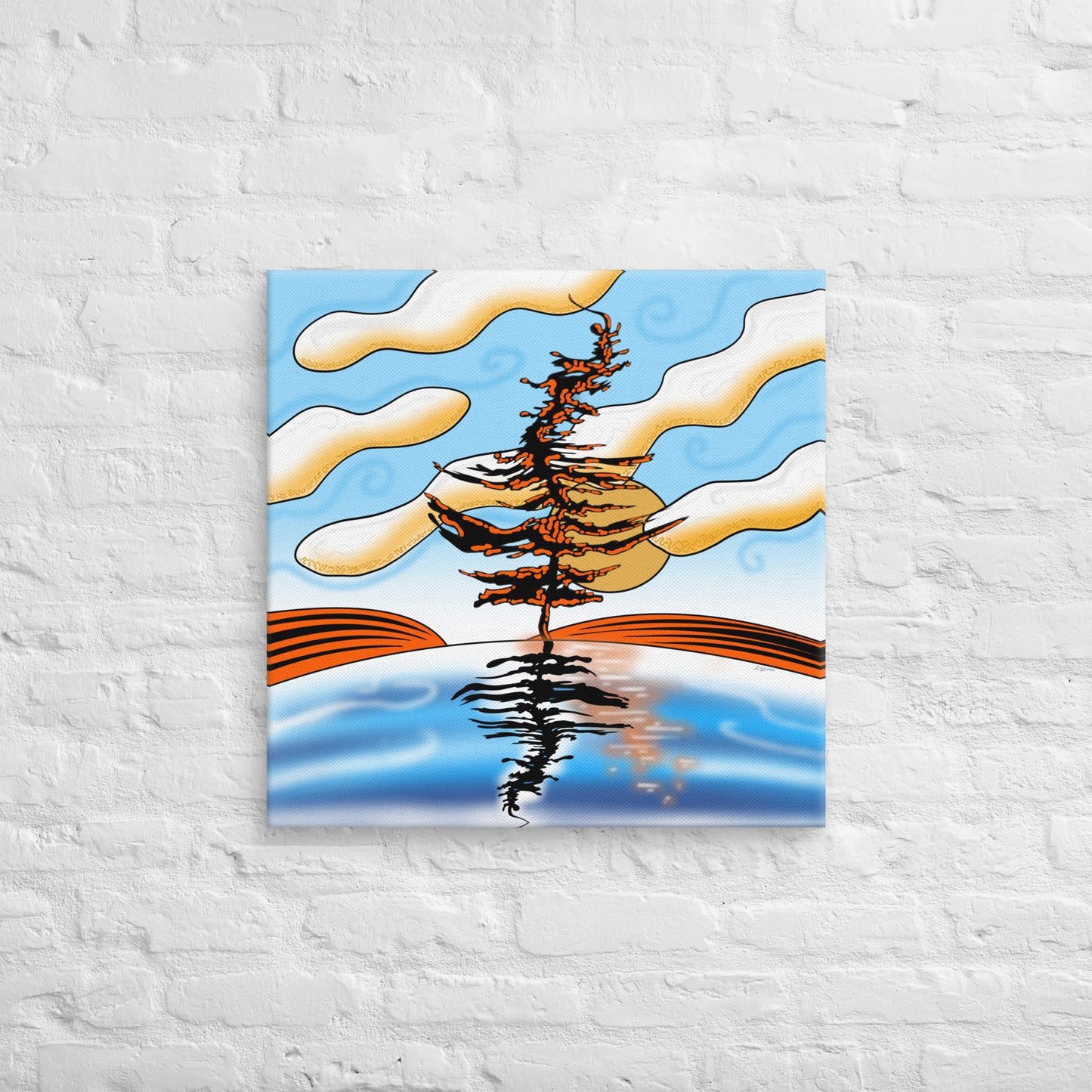 Psychedelic Lake Superior Art. Shimmering Sunset - Cozy cottage living room with bright orange & blue painting