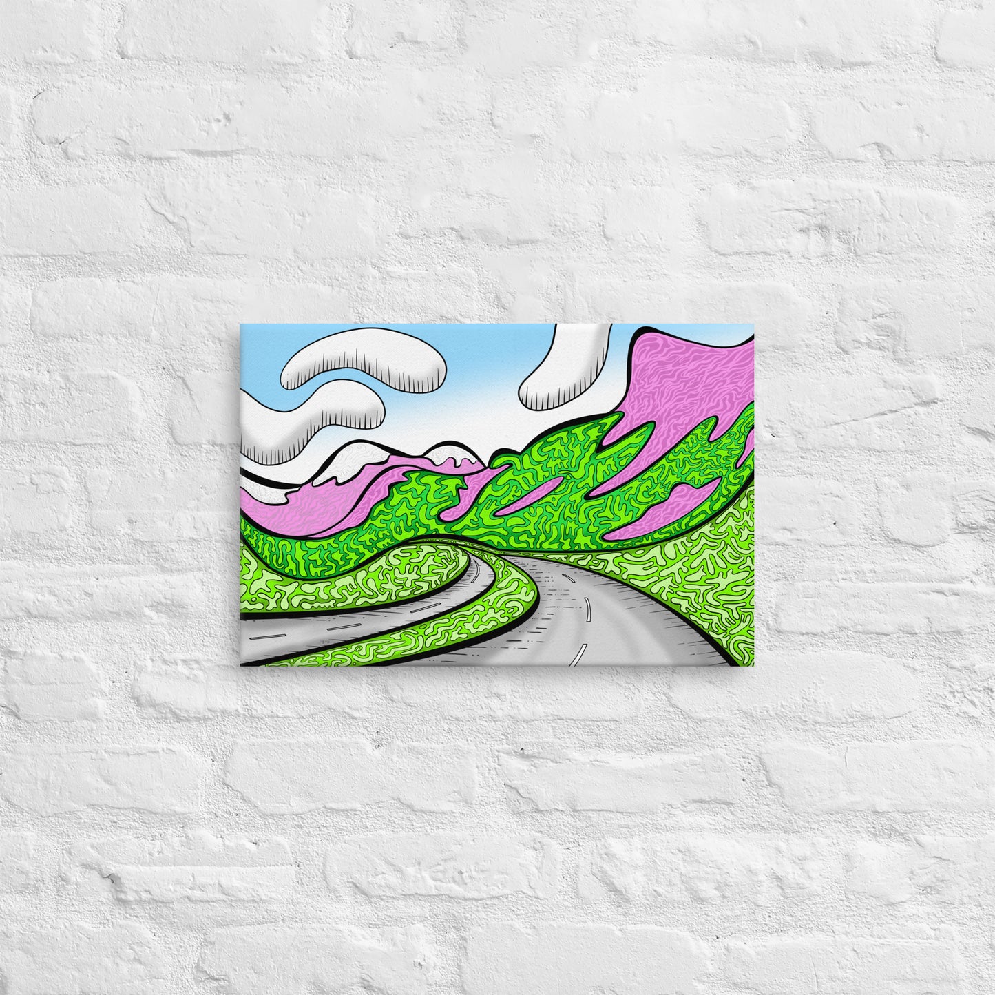 Colourful print of the highway to Banff against brick wall