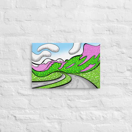 Colourful print of the highway to Banff against brick wall