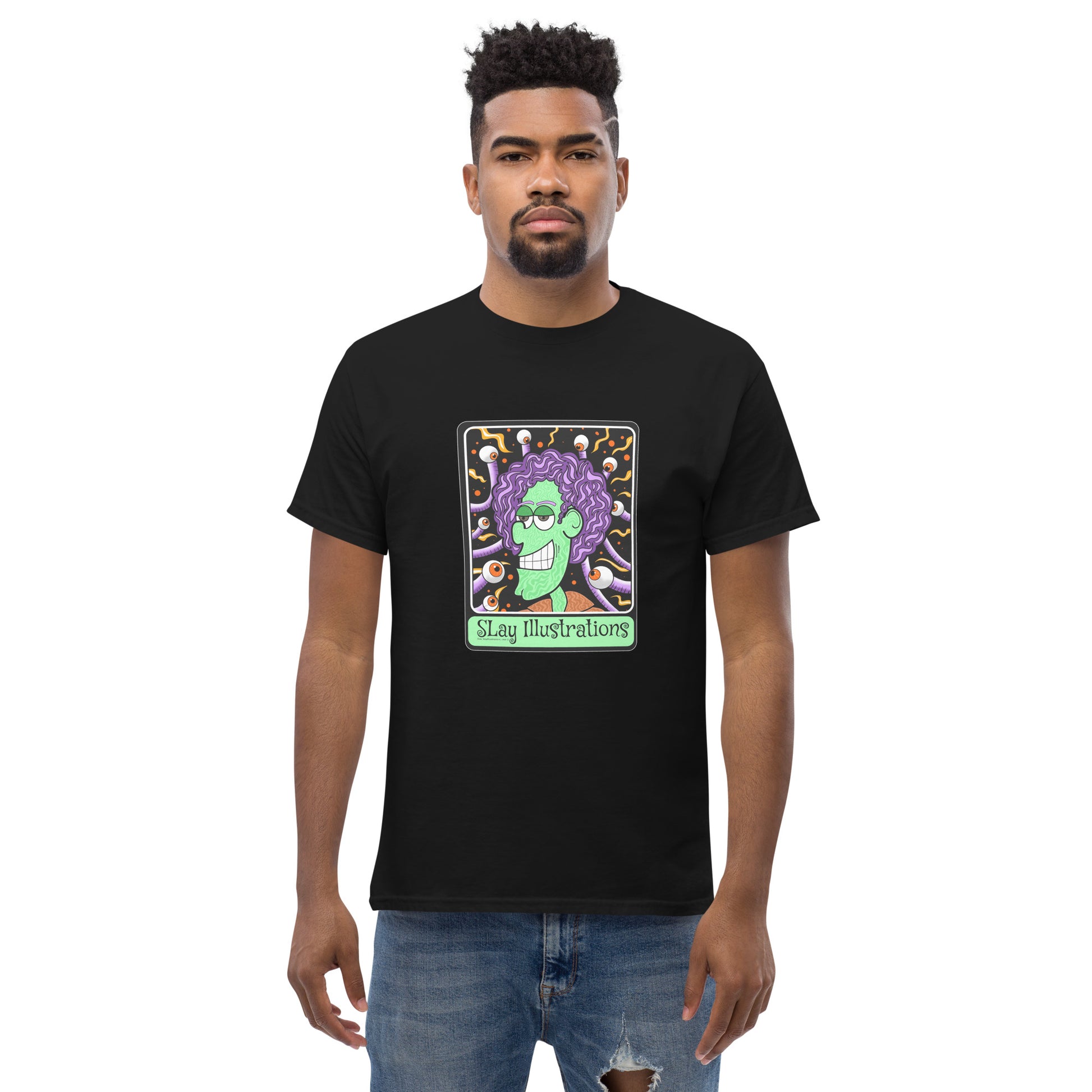 Groovy cotton unisex tee with 1960s psychedelic vibes, bold colours with purple flair & punk style - black tee