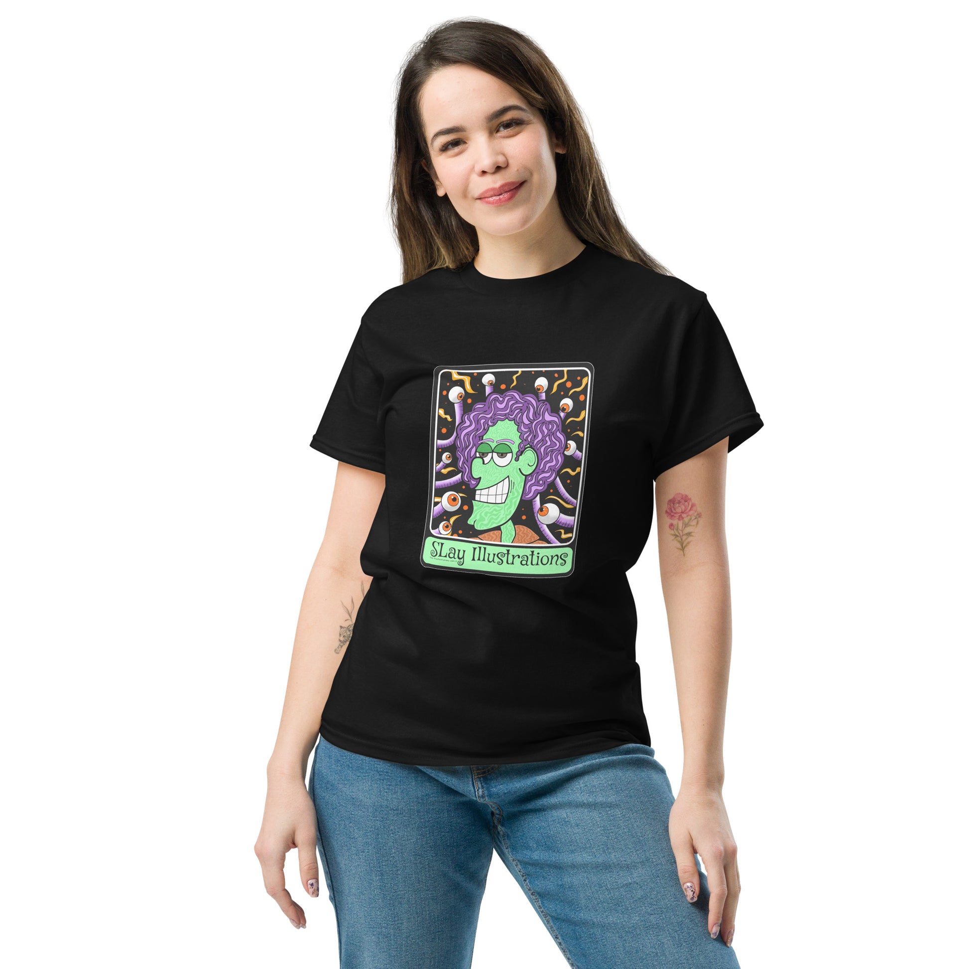 Groovy cotton unisex tee with 1960s psychedelic vibes, bold colours with purple flair & punk style - female, black tee