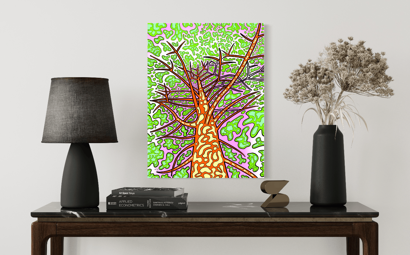 Colourful abstract painting of a trippy  tree on a wall above a wooden console table with decorative items.