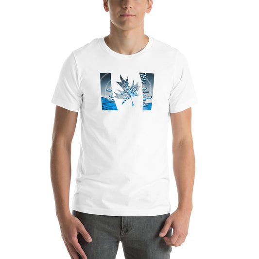 Trippy Canadian flag white cotton t-shirt with bold blue, cosmic flair, & adventure vibes. A contemporary style for free spirits