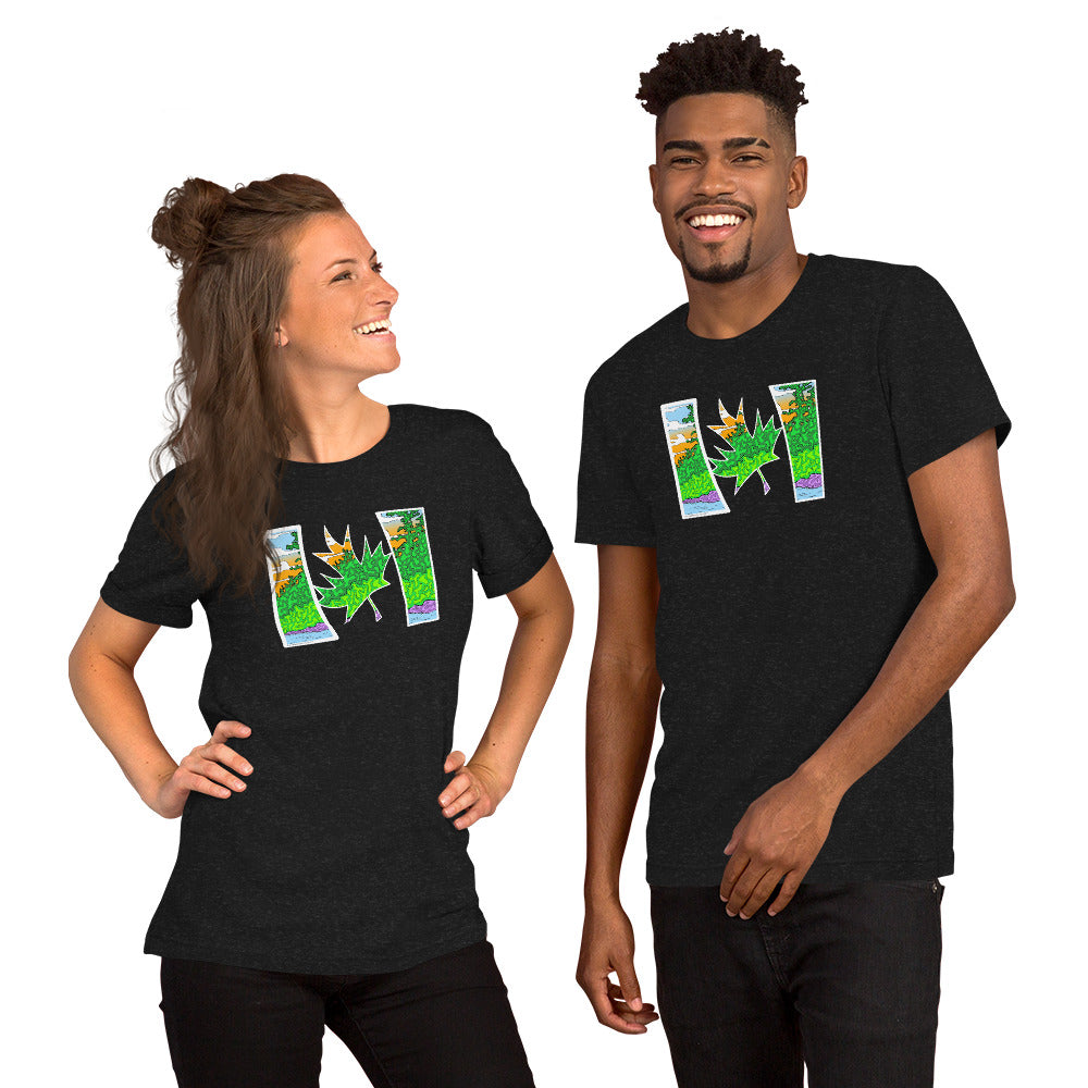 Models wearing Contemporary trippy green & orange Canadian flag unisex t-shirt Black