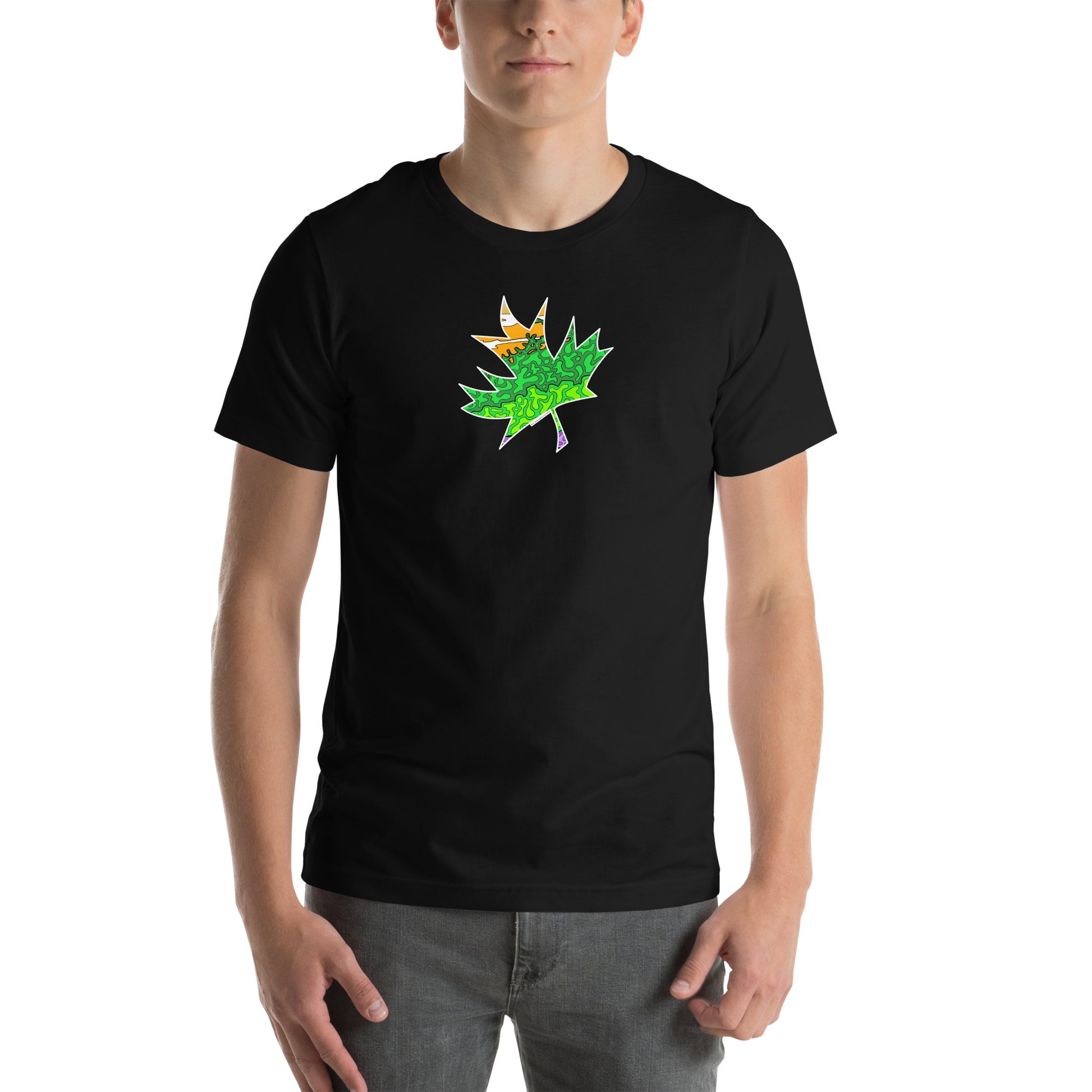 Model wearing Trippy Green & Orange Maple Leaf unisex black t-shirt