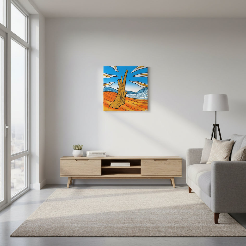 Product mockup for 24"x24" bright square painting in living room