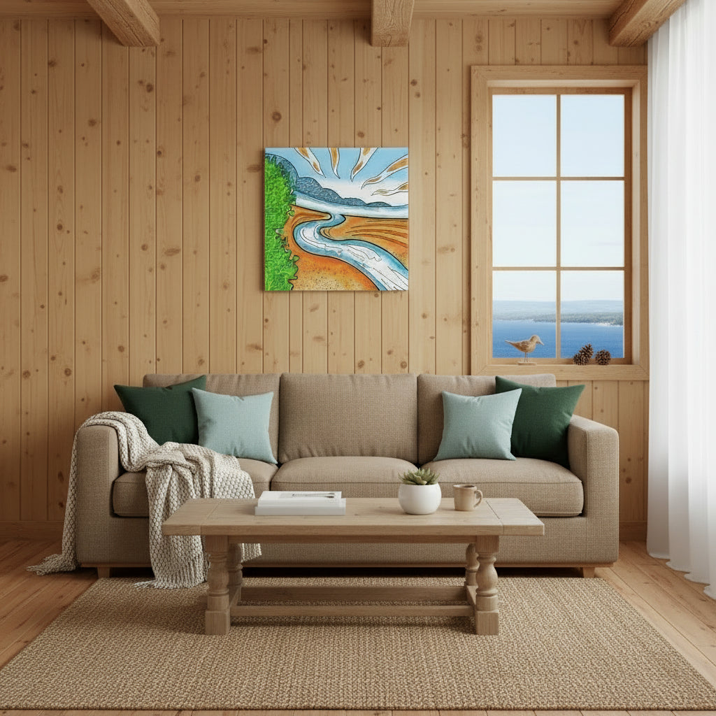 Bright square canvas print featuring green, orange and blues in cottage living room.
