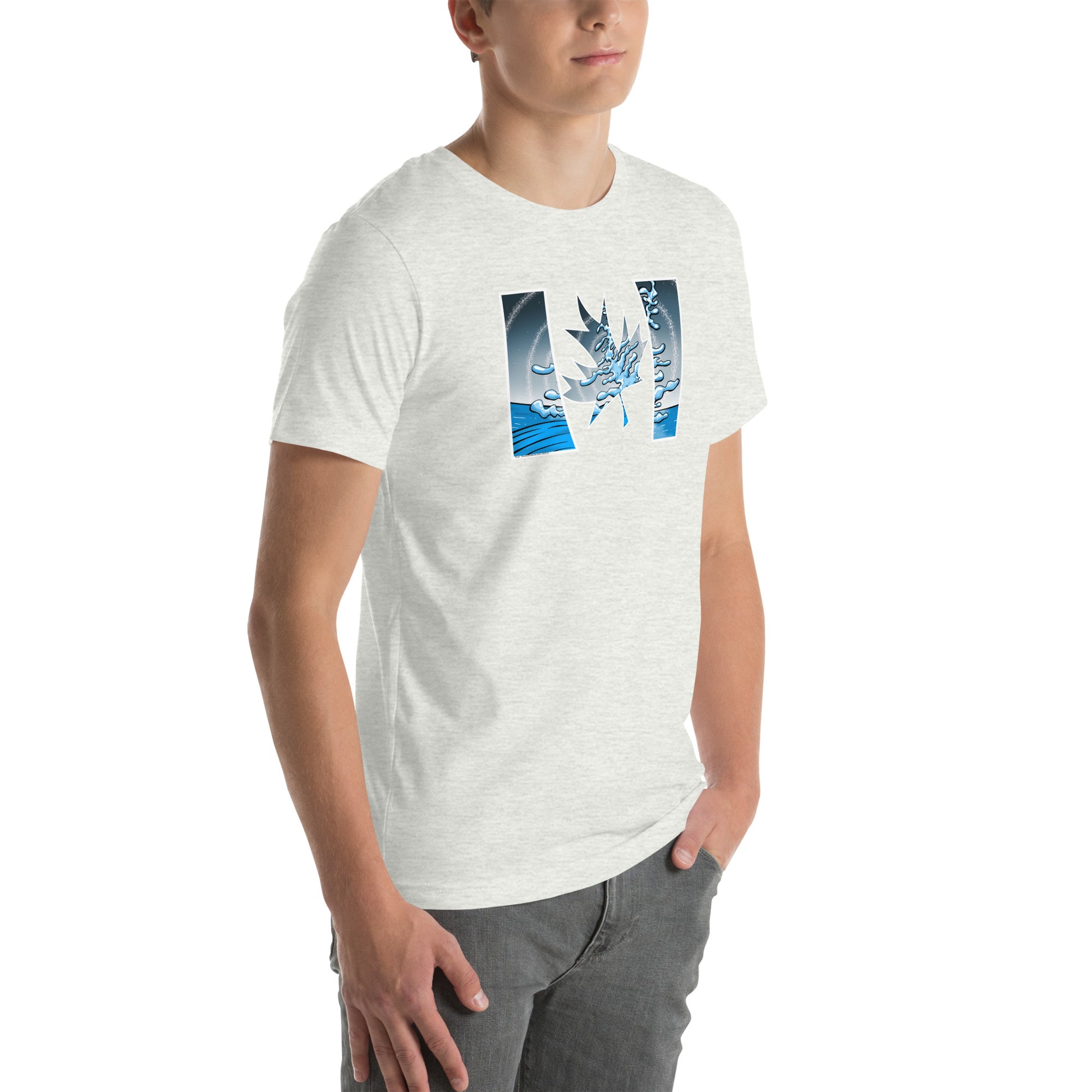 White unisex t-shirt featuring a trippy Lake Superior signature white pine.