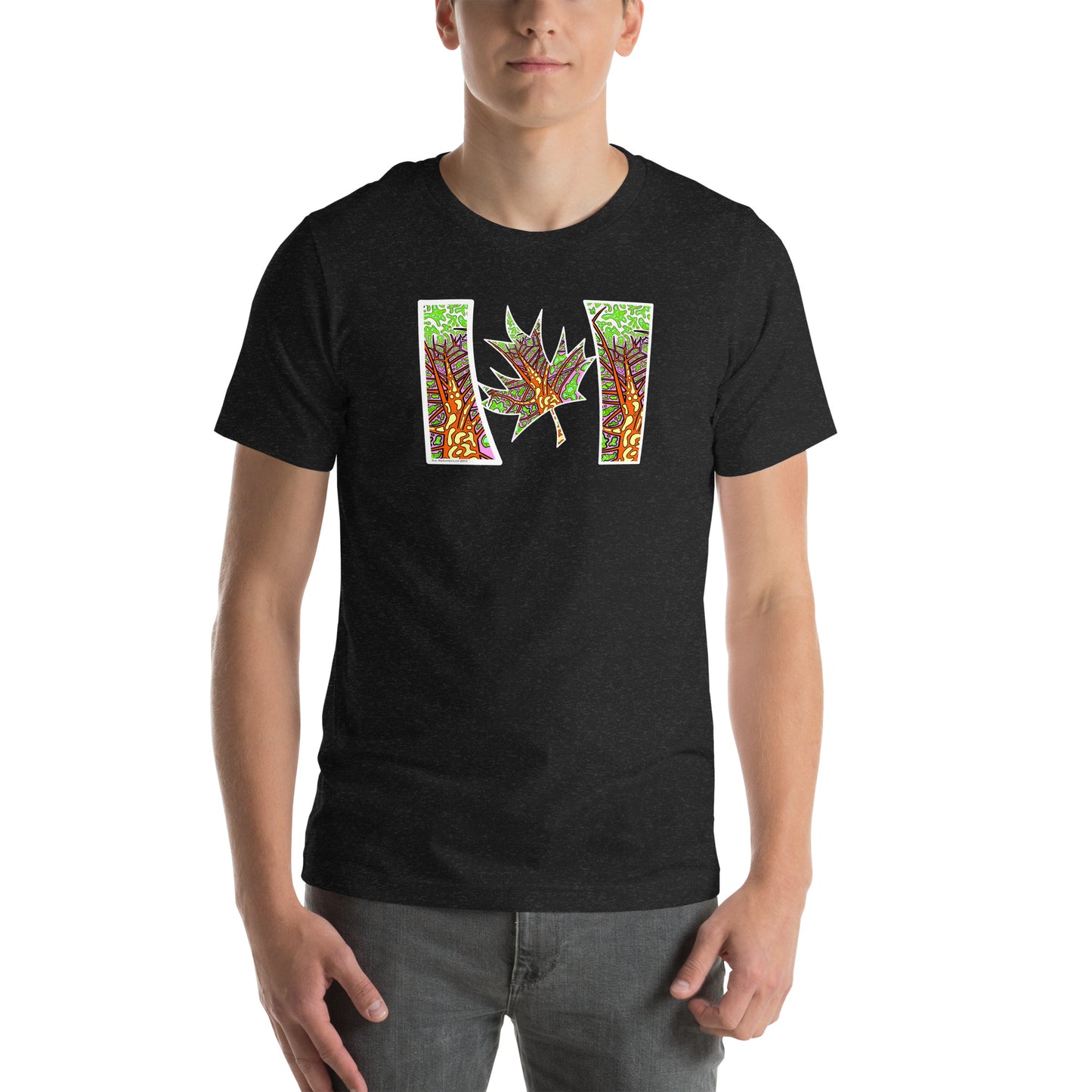 Model wearing  Black Trippy Northern Ontario inspired Canadian unisex t-shirt  black