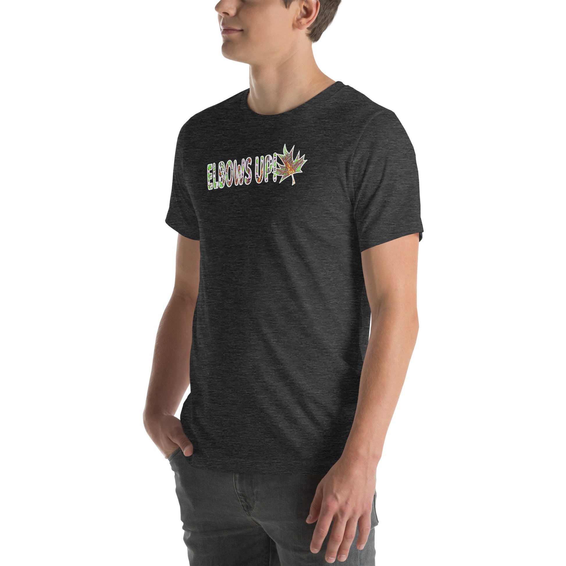 Elbows Up trippy Canadian unisex-staple-t-shirt-grey