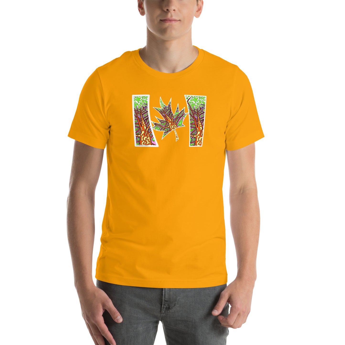 Model wearing  Trippy Northern Ontario inspired Canadian unisex t-shirt  gold