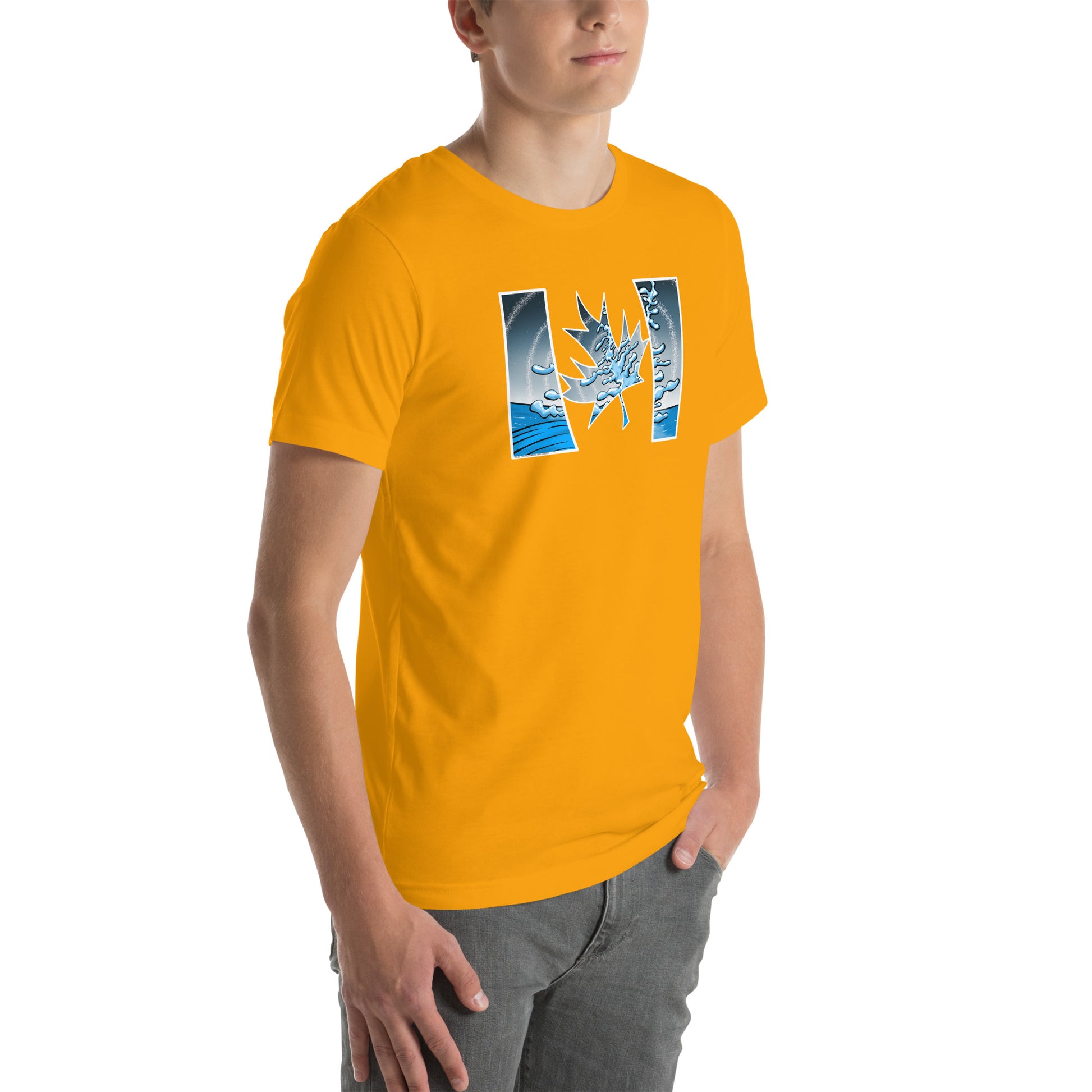 Orange unisex t-shirt featuring a trippy Lake Superior signature white pine.