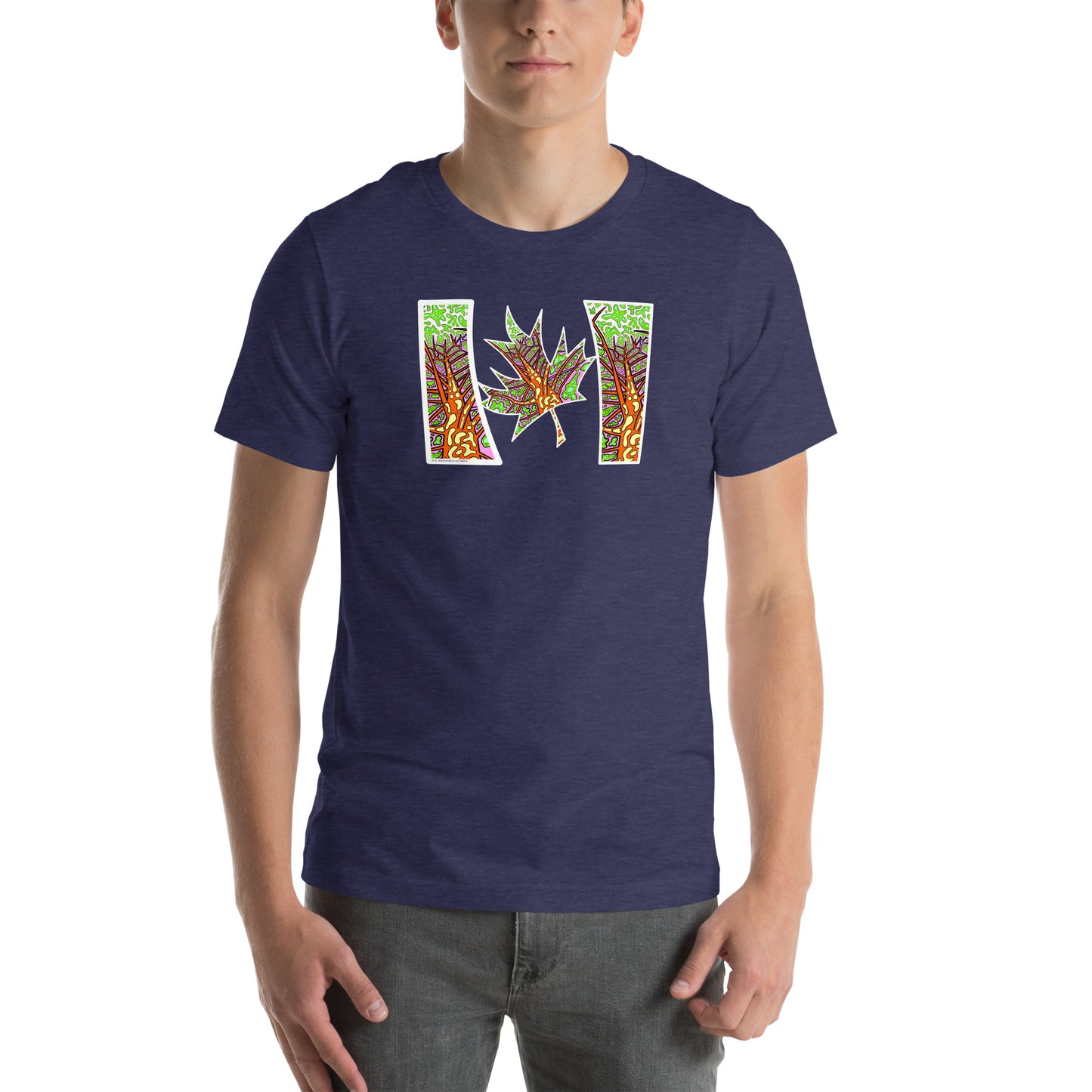 Model wearing  Blue Trippy Northern Ontario inspired Canadian unisex t-shirt  navy