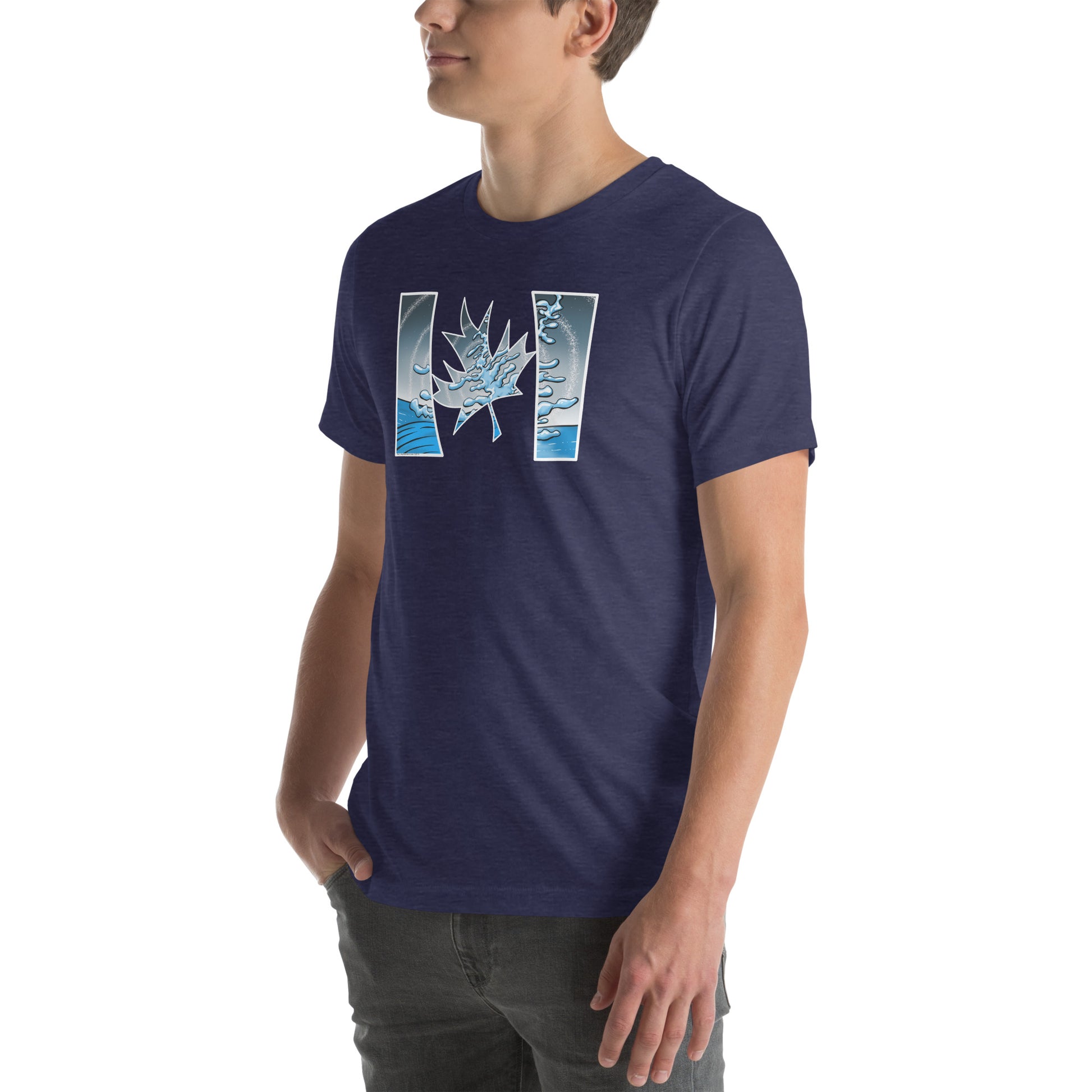 Dark blue unisex t-shirt featuring a trippy Lake Superior signature white pine.