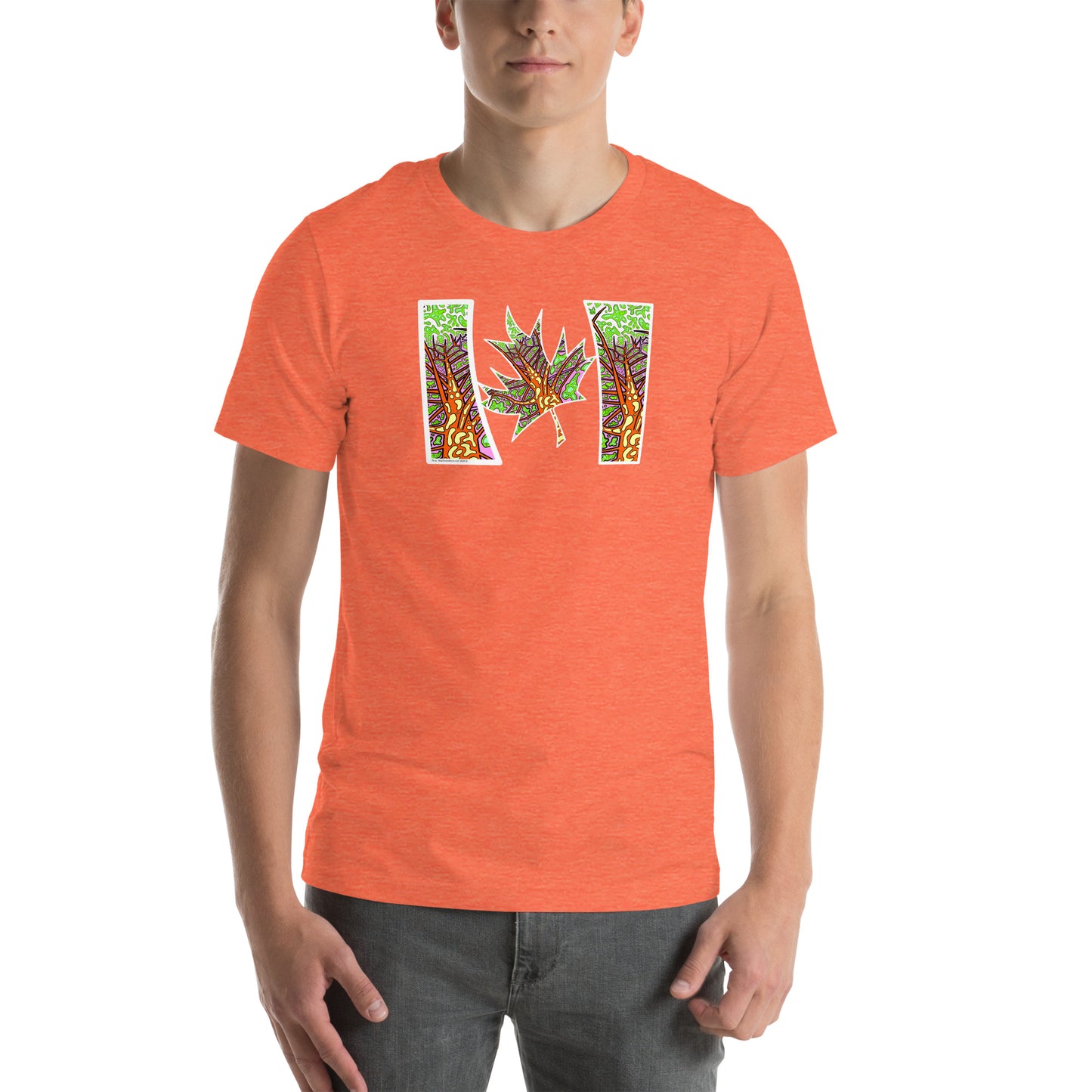 Model wearing  Trippy Northern Ontario inspired Canadian unisex t-shirt  orange