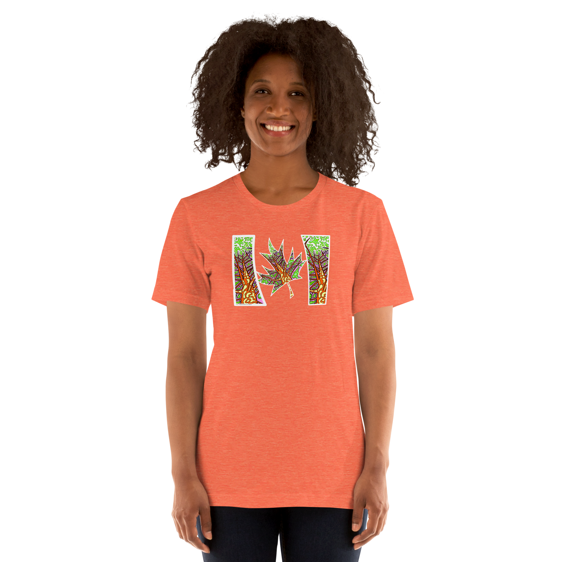 Model wearing Trippy Northern Ontario inspired Canadian unisex t-shirt  orange
