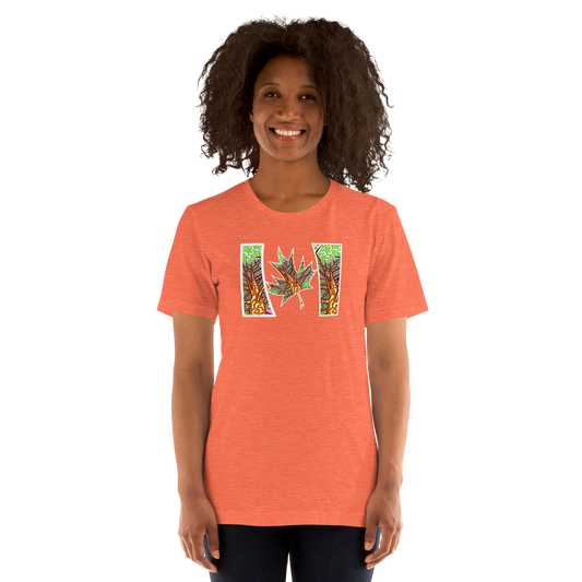 Model wearing Trippy Northern Ontario inspired Canadian unisex t-shirt  orange