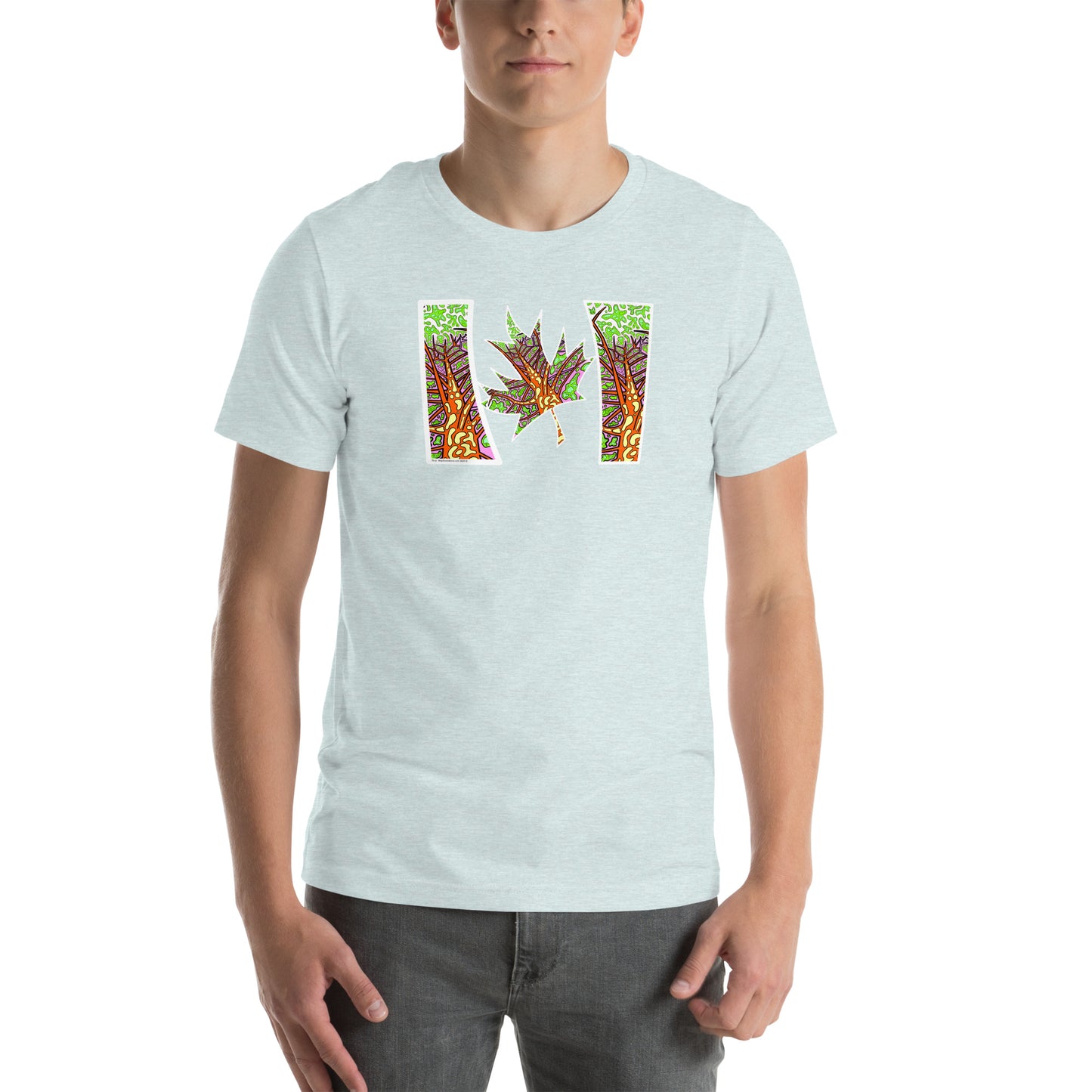 Model wearing  Trippy Northern Ontario inspired Canadian unisex t-shirt  ice blue