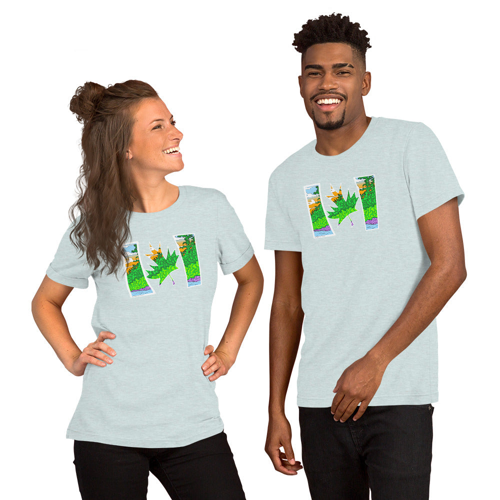 Models wearing Contemporary trippy Canadian flag unisex ice blue t-shirt