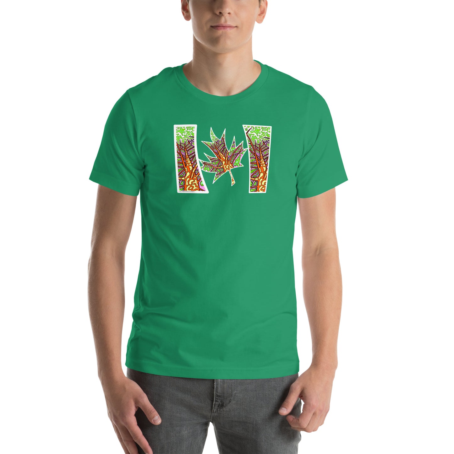 Model wearing  Green Trippy Northern Ontario inspired Canadian unisex t-shirt  kelly green
