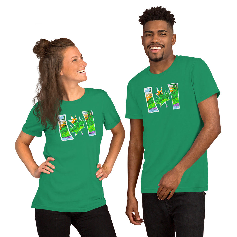 Models wearing Contemporary trippy Canadian flag unisex kelly green t-shirt