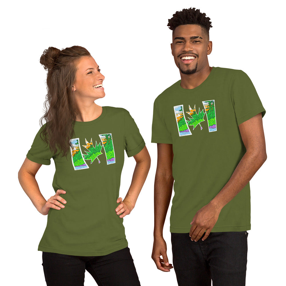 Models wearing Contemporary trippy Canadian flag unisex olive t-shirt