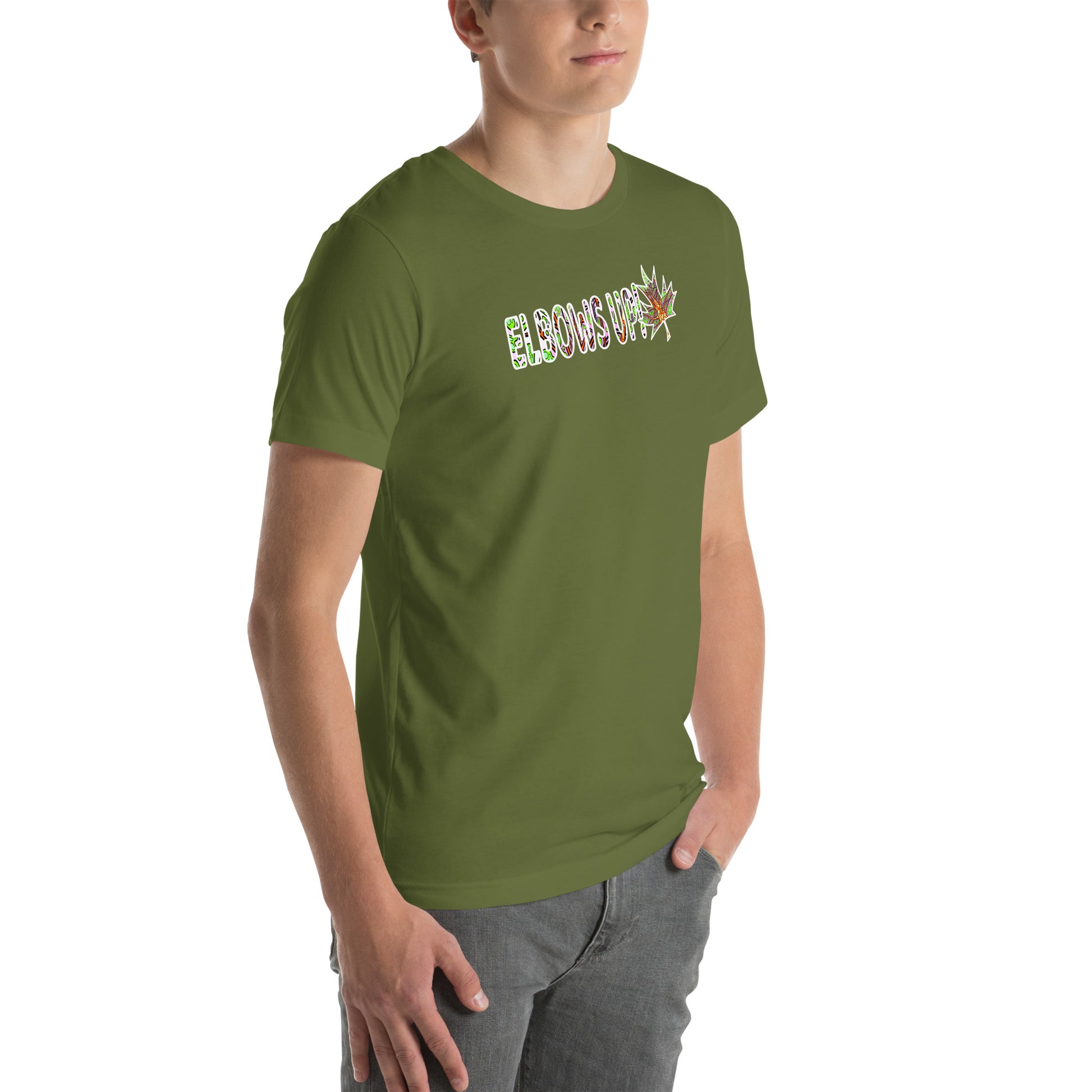 Elbows Up trippy Canadian unisex-staple-t-shirt-olive