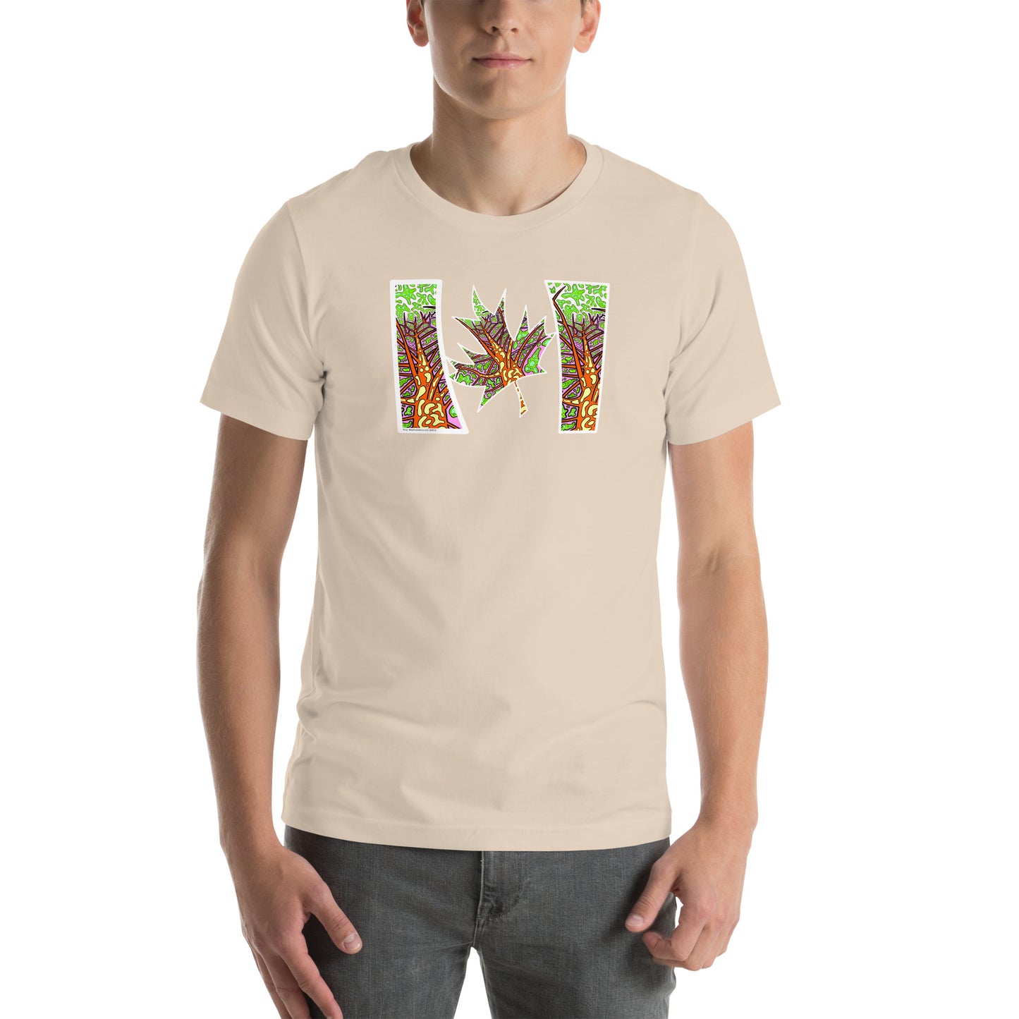 Model wearing  Trippy Northern Ontario inspired Canadian unisex t-shirt  soft cream